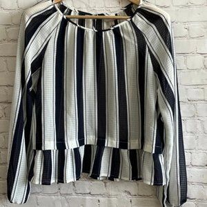 S Navy Striped Ruffle Blouse